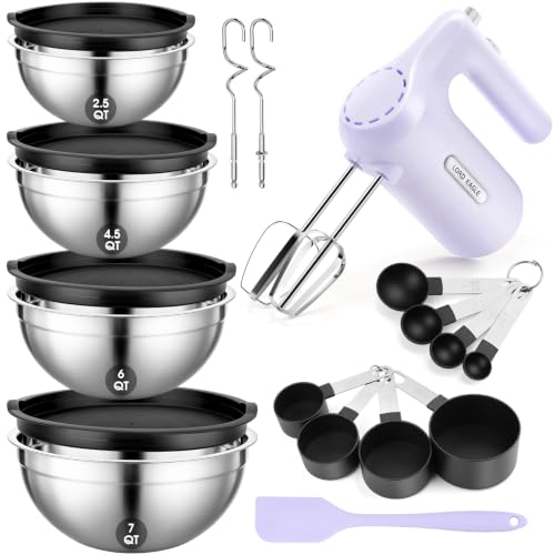 Image of Lord Eagle 5-Speed Hand Mixer Electric With 4 Mixing Bowls Set