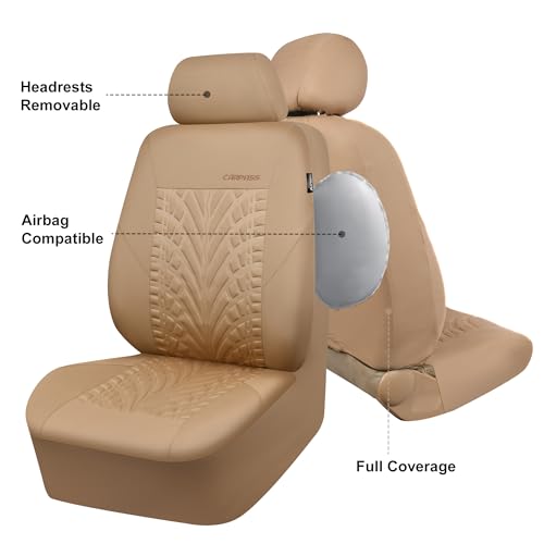Image of CAR PASS Car Seat Covers Two Front Only for Car, 3D Tyre Print Automotive Interior Covers, Airbag Compatible, Quick Setup Universal Fit Seat Covers for Car, Truck, SUV(All Beige)