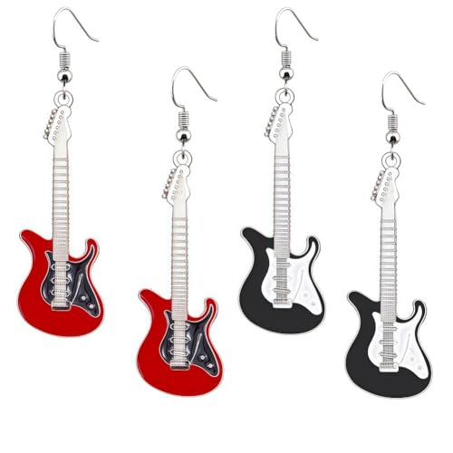Personalized Electric Guitar Dangle Earrings Set, Red and Black Musical Instrument Fashion Jewelry for Rock Music Lovers Singer Etc
