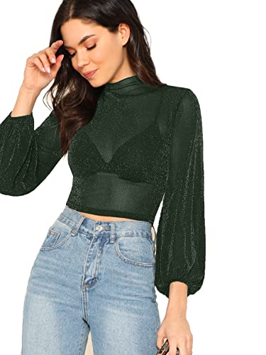 Romwe Women s Bishop Sleeve Glitter Sexy Sheer Mesh Crop Blouse Top Green Large