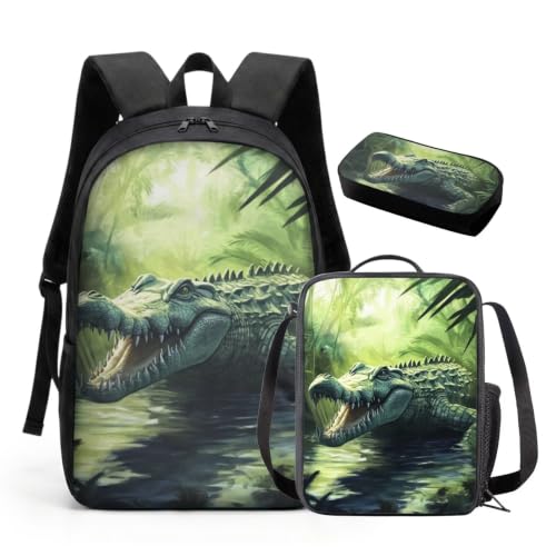 HUGS IDEA Jungle Crocodile School Bag for Boy Children Rucksack for Kids 6-8 Portable Lunch Bag for Elementary Students Back to School Gifts Green