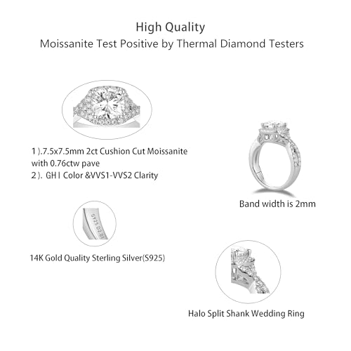DovEggs Moissanite Engagement Rings for Women 2ct Center 7.5x7.5mm GHI Color Cushion Cut Near Colorless Moissanite Halo Split Shank Wedding Ring 14k Gold QUALITY Sterling Silver2