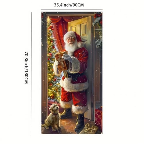 Image of Festive Christmas Santa Claus Door Banner Decorative Polyester Holiday Door Cover with Christmas Tree and Dog, Perfect for Indoor and Outdoor Christmas Decorations 71 x 35in