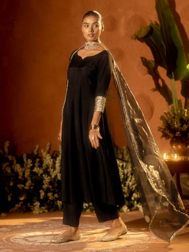 Image of FIORRA Women's Black Viscose Chanderi Embroidered Ethnic Anarkali Kurta Set with Dupatta