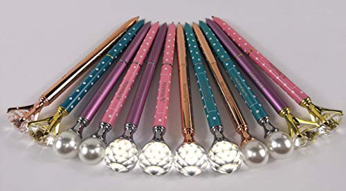 Kamay's 12Pcs 3Style 4 Colors Diamond Pearl Metal Pen With Big Crystal Diamond Funky Design Office Supplies 1.0Mm Black Ink Gifts For Birthday Wedding Favors Girls Ladies (Rose+Rose Gold+Pink+Blue) #TOP1