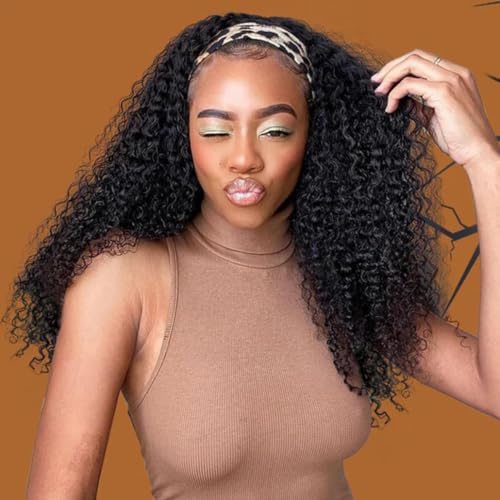 Image of 28 Inch Kinky Curly Headband Wig Human Hair 200 Density Curly Human Hair Wig with Headband Wear and Go Beginner Friendly Glueless None Lace Front Wigs for Black Women Natural Color