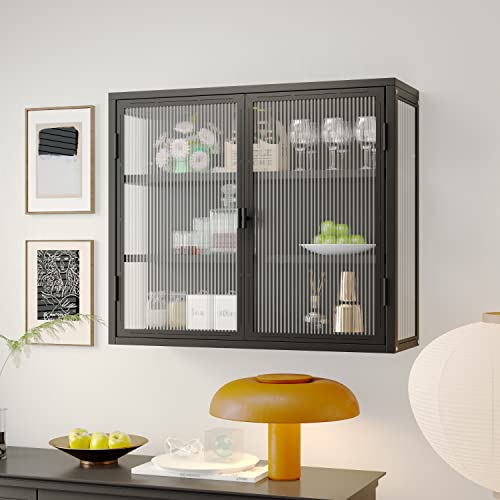 Retro Style Haze Double Glass Door Wall Cabinet With Detachable Shelves For Office, Dining Room,Living Room, Kitchen And Bathroom Frosted Black #TOP21