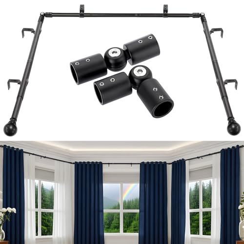 Bay Window Curtain Poles for Windows 76 to 460 cm Corner Curtain Pole Set U Shaped 3 Sided for Bedroom 2 Elbow Included 25 mm Diameter Heavy-Duty (Black)