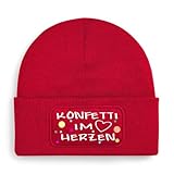 Print Deluxe Beanie Mütze Konfetti im Herzen Lustige Strickmütze, Fasnet, Fasching, Karneval Wintermütze, Wollmütze, Kappe, Geschenk Idee, Apres Ski | Unisex (Rot)