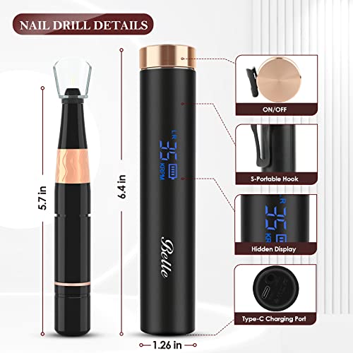 Belle Nail Drill Machine, Professional Electric 35000Rpm Grace Rechargeable Nail File, Portable Cordless Manicure Pedicure For Acrylic Gel Nails With 6 Bits, 25 Sanding Bands, And A Case, Black #TOP7