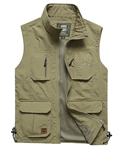 Yukirtiq, Gilet da pesca da uomo, ad asciugatura rapida, traspirante, senza maniche, con molteplici tasche, per attività all'aperto, campeggio, caccia, fotografia, B-kaki, L