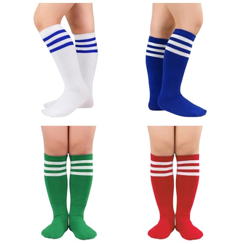 Durio Calcetines de fútbol para niños, calcetines de fútbol para niños pequeños, 4-6, calcetines de béisbol para jóvenes, calcetines largos hasta la rodilla, Rayas rojas, verdes, azules y blancas, 5-7