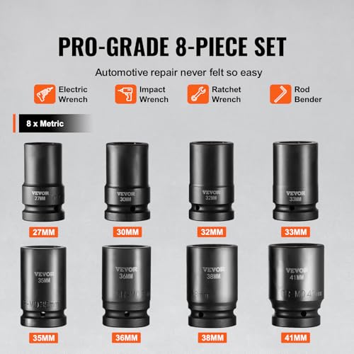 Image of VEVOR 1 inch Drive Impact Socket Set, 8 Piece Deep Socket Set Metric 27-41mm, 6 Point Cr-Mo Alloy Steel for Auto Repair, Easy-to-Read Size Markings, Rugged Construction, Includes Storage Case