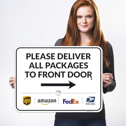 Image of Package Delivery Sign, Delivery Instructions Deliver All Package to Front Door Right Arrow Sign, 18x24 Inches, Rust Free .063 Aluminum, Fade Resistant, Made in USA by Sigo Signs