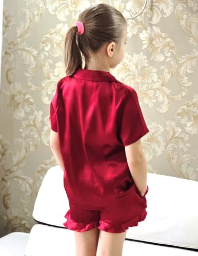 Image of Arshiner Girls Pajamas Silk Satin Pajama Set Button Pjs Ruffle Sleepwear | 2 Piece Nightwear, Silky Soft Lounge for Little & Big Kids, Ideal for Sleeping and Sleepover Party