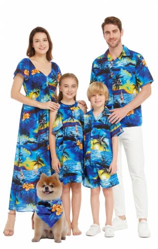 Image of Hawaii Hangover Family Matching Hawaiian Clothes, Sunset Blue | Family matching Hawaiian outfits, Sunset Blue, lightweight rayon, machine washable, tropical print, luaus, cruises