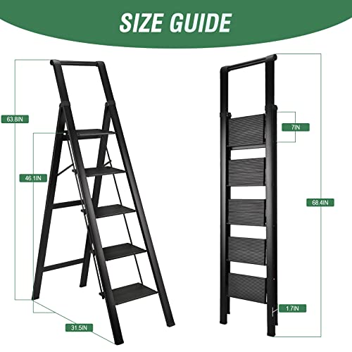 Hbtower 5 Step Ladder, Aluminum Ladder With Handrails, Folding Step Stool For Adults, 330Lbs Capacity Sturdy& Portable Ladder For Home Kitchen Library Office, Black #TOP4