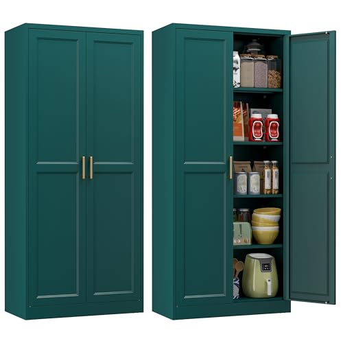 Image of Polup Kitchen Pantry Cabinet, 71 Inch Tall Metal Pantry Cabinet with Doors and Adjustable Shelves, Freestanding Food Cupboard, Storage Cabinets for Dining, Living Room, Green-Teal, Assemble Required