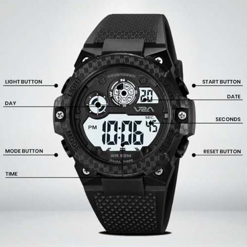 Image of V2A DIGITRON-VOLTRIX 2837 Digital Watch for Men | Bold Patterned Case Design | Dual Time Sports Watch with Countdown, Backlight & 50M Waterproof