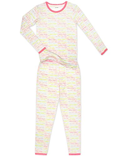 Calvin Klein Toddler Girls' 2 Piece Sleepwear Top And Bottom Pajama Set Pj, Long Sleeve-Rainbow Logo, 4T #TOP12