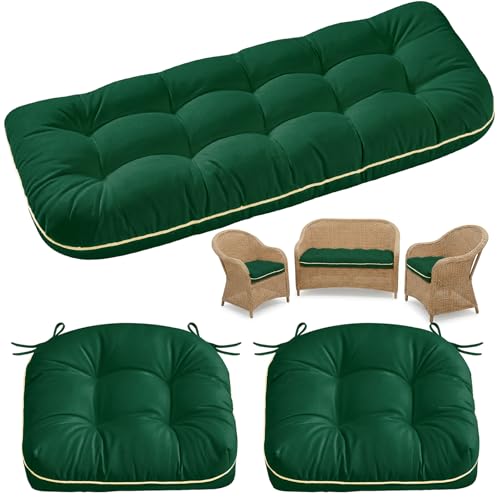 1 MIDDLE ONE Wicker Chair Cushions 3 Pieces Set for Outdoor Furniture, Replacement Patio Wicker Furniture Cushions, 1Pc Loveseat Cushion & 2Pcs Chair Cushions (Green)