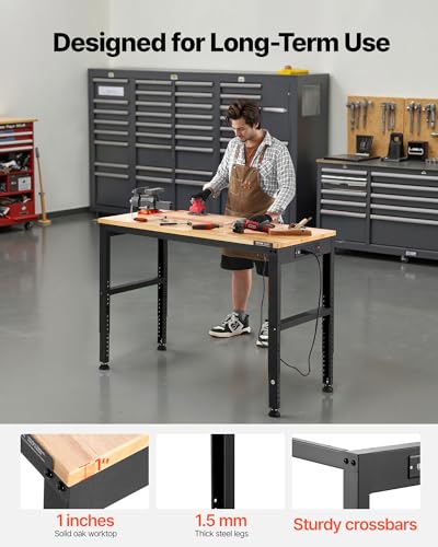 Image of VEVOR Adjustable Workbench, 48 x 20-inch Heavy Duty Work Bench with 28.5-38.3 Inches Height Adjustment, 2000 lbs Capacity Garage Workbench with Power Outlets, Suitable for Office, Garage, Workshop