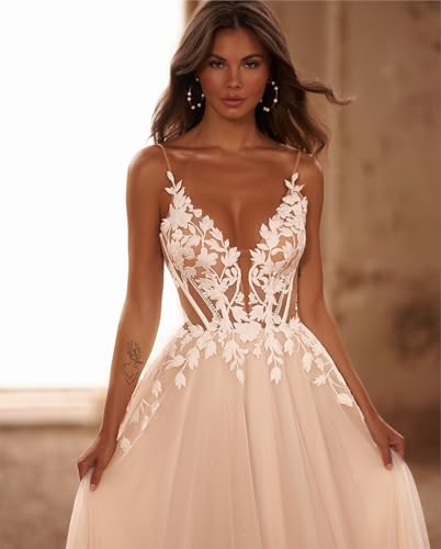 A Line Wedding Dresses for Bride Spaghetti Straps Backless Beach Floral Lace Bridal Gown Wedding Bride Gowns4