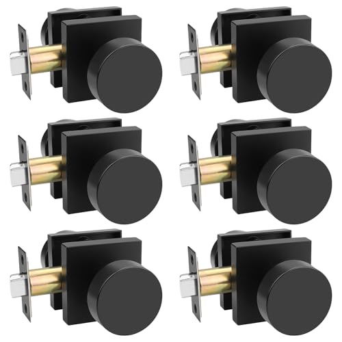 Probrico Black Interior Door Knobs, Passage Door Handles, Black Door Knobs Interior for Closet/Hallway Doors, No Lock Interior Doorknobs on Square Rose, Keyless, 6 Pack