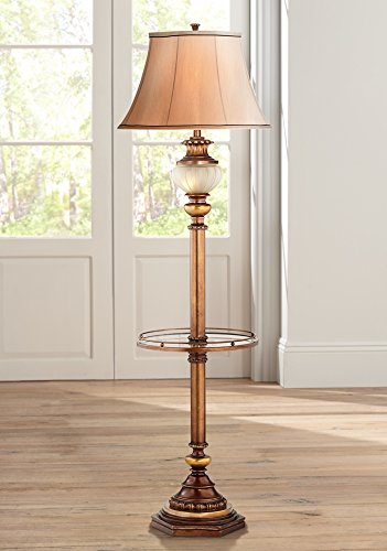 Kathy Ireland Hyde Park Rustic Vintage Floor Lamp With Nightlight Glass Tray 65" Tall Bronze Gold Metal Pearl White Frosted Glass Fabric Bell Shade For Living Room Reading House Bedroom Home #TOP2