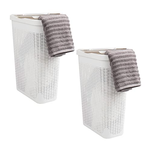 Mind Reader Slim Laundry Hamper with Lid, 40L Clothes Basket, Narrow Tapered Design with Ventilated Cutout Pattern, Plastic, Set of 2, White by Mind Reader - Used condition - US$51.03