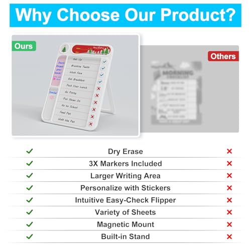 Image of Magnetic Chore Chart for Kids, ADHD Task Tracker Easy-Check Routine Dry Erase Board, to-Do List Planning Tool with Stand for Fridge /Desk /Home /School, 6 Reusable Sheets, 3 Markers