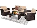 KROFEM 4 Pieces Patio Conversation Set, Outside Rattan Sectional Sofa, Cushioned Furniture Set, Wicker Sofa Ideal for Garden, Porch, Backyard, Brown Color Rattan and Beige Cushion