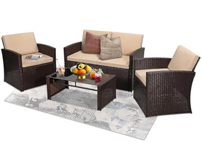 KROFEM 4 Pieces Patio Conversation Set, Outside Rattan Sectional Sofa, Cushioned Furniture Set, Wicker Sofa Ideal for Garden, Porch, Backyard, Brown Color Rattan and Beige Cushion