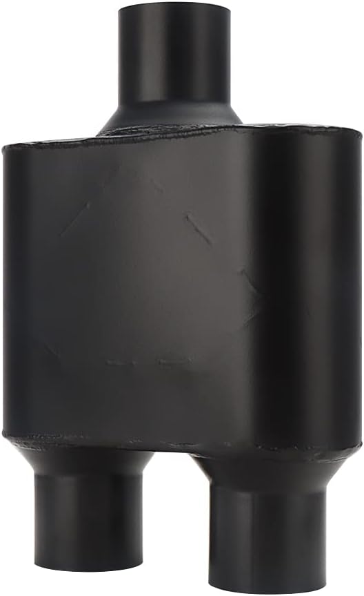 A-KARCK Single Chamber Muffler 2.5" Center Inlet 2.5" Dual Outlet, 13" Overall Length Aluminized Steel Aggressive Sound Race Muffler