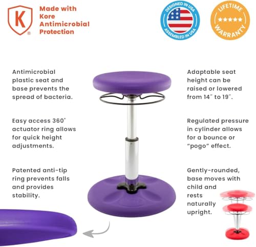Image of Kore Adjustable Height Wobble Chair, Active Sitting for Children, Kids, Teens: Better Than a Balance Ball, Flexible Classroom Seating, Adjusts from 16.5 to 24 inches, Purple