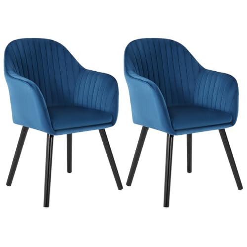 WOLTU Lot de 2 Chaises de Salle à Manger, Fauteuil en Velours, Rembourrée, avec Accoudoirs, Pieds en Bois Massif, pour Cuisine Salon Chambre, Bleu.
