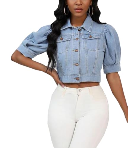 Women Solid Color Puffed Sleeves Cropped Short Denim Jacket Short Sleeve Button Down Jean Outerwear Coat4
