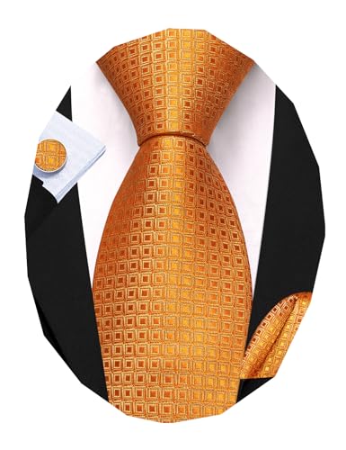 Image of Barry.Wang Classic Mens Ties Plaid Silk Necktie Pocket Square Cufflinks Set Woven Designer Wedding Business