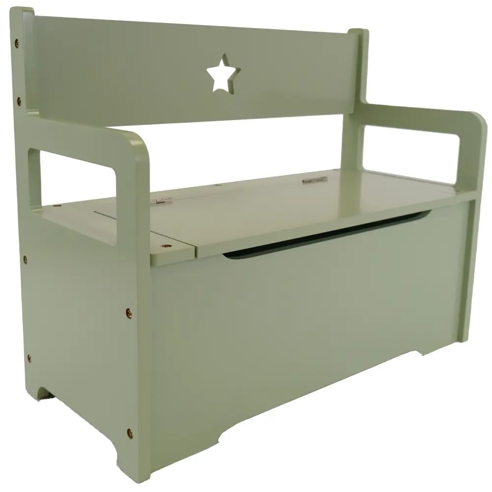 Bandits & Angels Holzspielzeugkiste mit Aufbewahrungsbank Retro Grün – 2-in-1-Aufbewahrungsbank – Sitzhöhe 24 cm – Maße 60 x 27 x 47 cm – für Jungen und Mädchen – Kinderzimmermöbel - Kindersitzbank