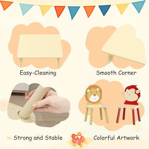 Image of Wood Table & Chairs 3 Pieces Set, Boys Girls Activity Table w / 2 Animal Shaped Chairs, Solid Wood Legs, Safe Rounded Corners, Playroom Furniture for Boys & Girls Activity Dining Drawing Craft.