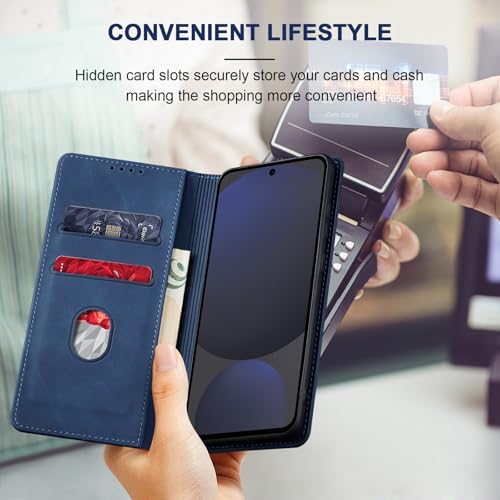 Image of Jasonyu Flip Wallet Case for Samsung Galaxy S24 FE,Leather Magnetic Folio Cover with Card Holder,Kickstand - TPU Shockproof Durable Protective Phone Case,Blue
