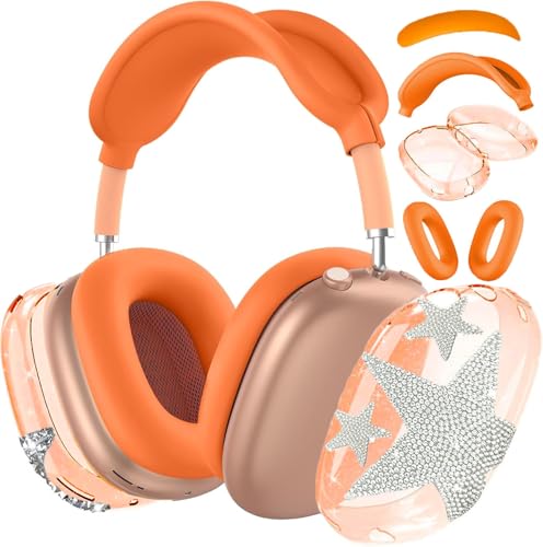 [4 in 1] Case Cover for AirPods Max 2/1 (2026/2024/2020) Ear Pad Case Cover/Headband Cover/Ear Cups Cover with Bling Star for Apple AirPods Max Headphones (Bling Orange Star)