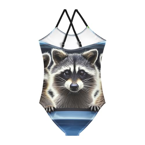 CHIFIGNO Funny Raccoons Swim Suits for Girls Quick Dry Crossback One Piece Swimming Suits with Adjustable Strap 3T2