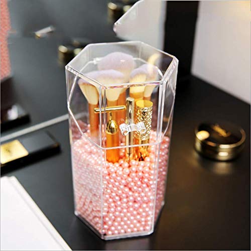 ZN Porte-Pinceau De Maquillage, Boîte De Rangement Antipoussière De Première Qualité, Organisateur De Maquillage en Acrylique éPais De 5 Mm, Perle Blanche hexagone/Rose