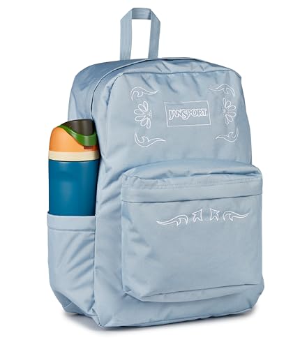 Image of JanSport Superbreak Plus FX Backpack - Work, Travel, or Laptop Bag with Water Bottle Pocket, Superbreak Plus Fx, Bandana Jam Emb Blue Dusk /White /White
