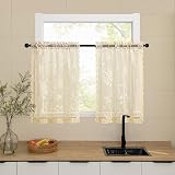 Beige Lace Cafe Curtains 24 Inch Length 2 Panels set Country Floral Sheer Curtain Rod Pocket Short Kitchen Curtains Decor Light Filtering Small Window Bathroom Basement RV Laundry Camper, 26x24