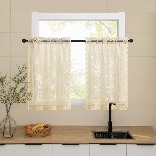 Beige Lace Cafe Curtains 24 Inch Length 2 Panels set Country Floral Sheer Curtain Rod Pocket Short Kitchen Curtains Decor Light Filtering Small Window Bathroom Basement RV Laundry Camper, 26x24