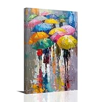 SWQYLB Umbrella Canvas Wall Art People with Colorful Umbrella Walking in the Rain Picture Prints Abstract Painting for Living Room Bedroom Office Decor Framed (12.00\" x 18.00\")
