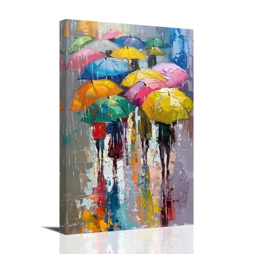 SWQYLB Umbrella Canvas Wall Art Showing Colorful Umbrella in Rain