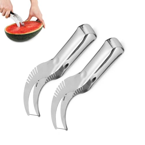 Cuchillo de sandía con molino de viento de acero inoxidable, accesorios de cocina, Cortar sandía dioses 304 de acero inoxidable cortador de sandía herramienta de división de sandía (Plata)